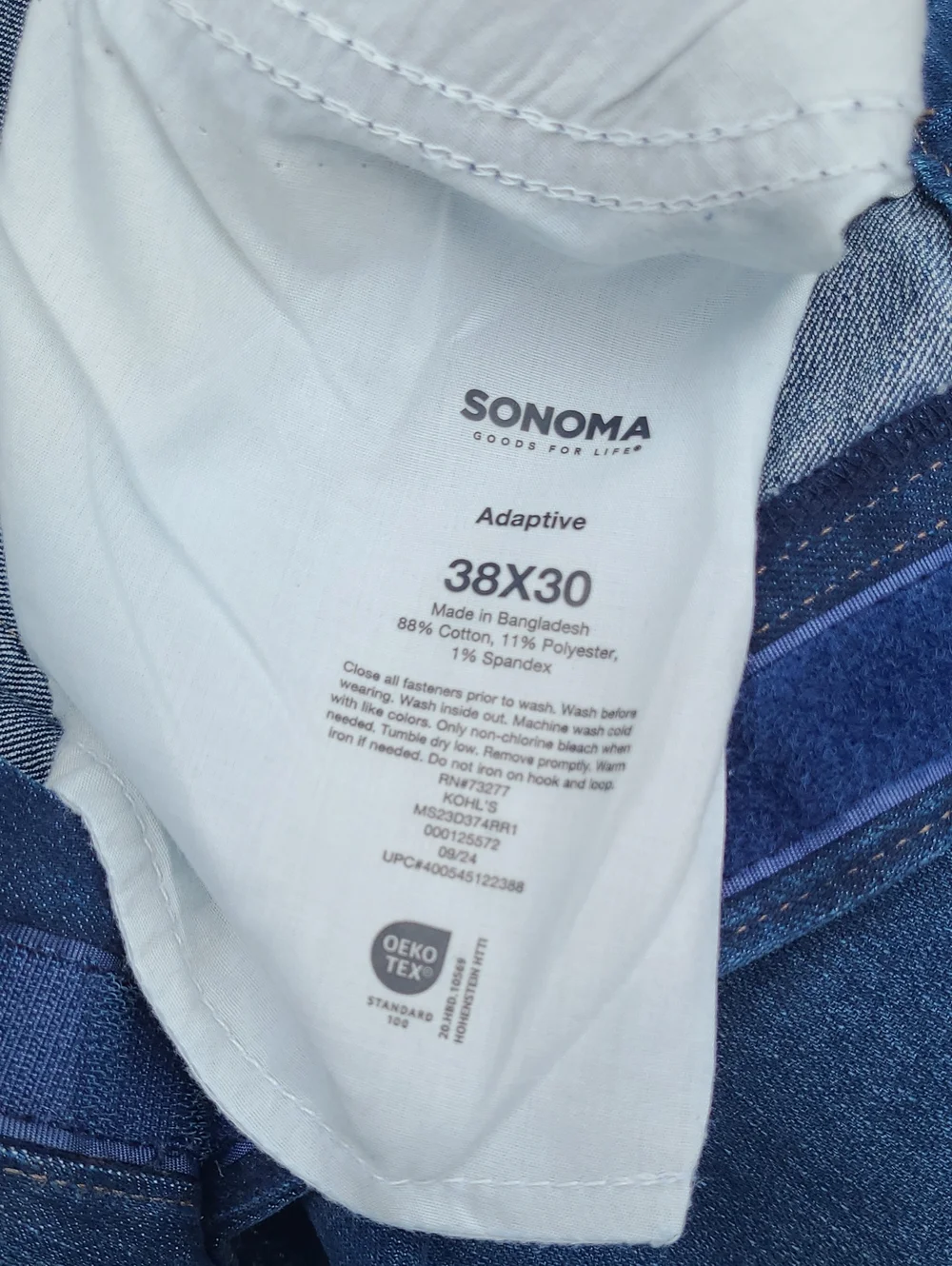 NWT! Sonoma Adaptive Mens 38 x 30 expandable waistband hook & loop fly blue Jean